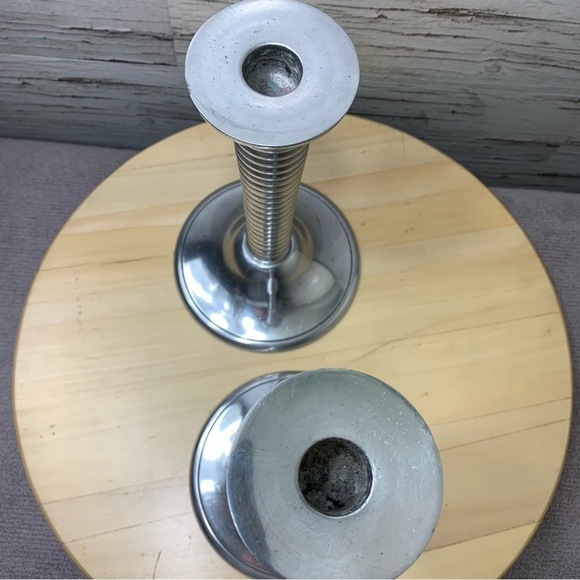 vintage Chrome Art Deco Inspired Tall Candlestick Holder Set Swirled Leg Stand - Picture 9 of 11